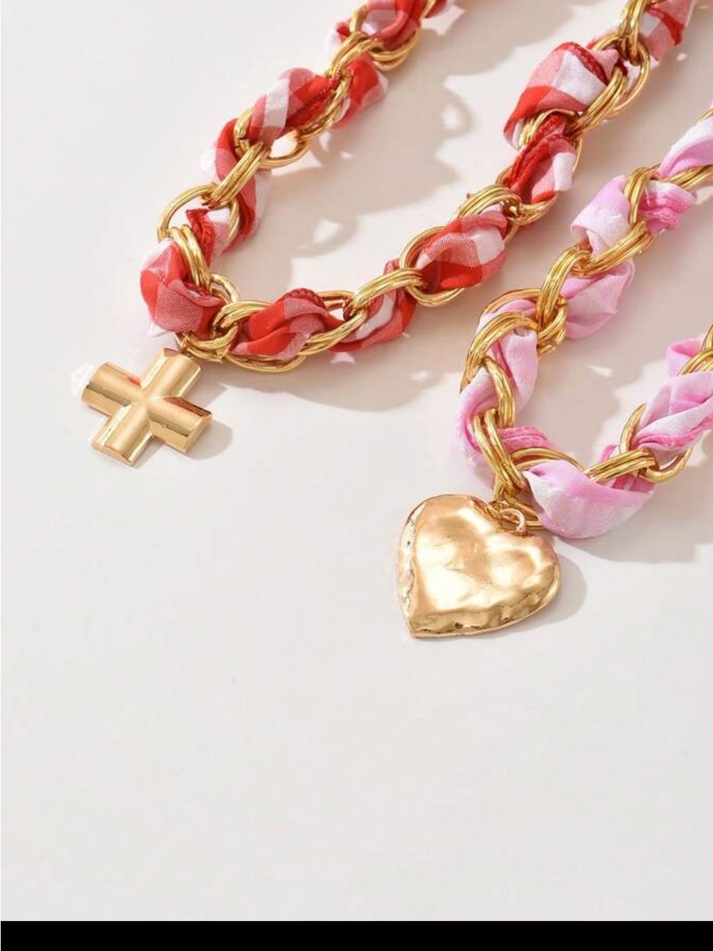 Gold-Tone Layered Heart & Cross Necklaces with Pink and Red Fabric - Picture 2 of 5